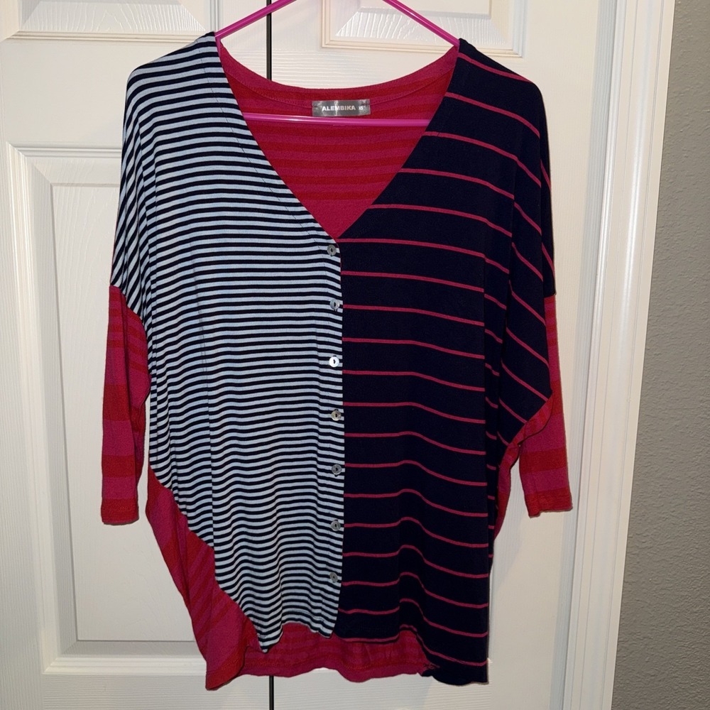 Alembika Women's V-Neck Shirt Womens XS Oversized Button Up Striped Beach Casual